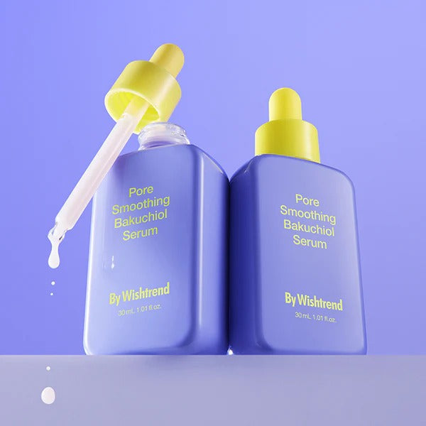 BY WISHTREND Pore Smoothing Bakuchoil Serum 30ml blue bottles with yellow droppers on purple background