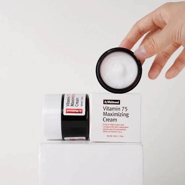 BY WISHTREND Vitamin 75 Maximizing Cream 50g shown with open lid and packaging.