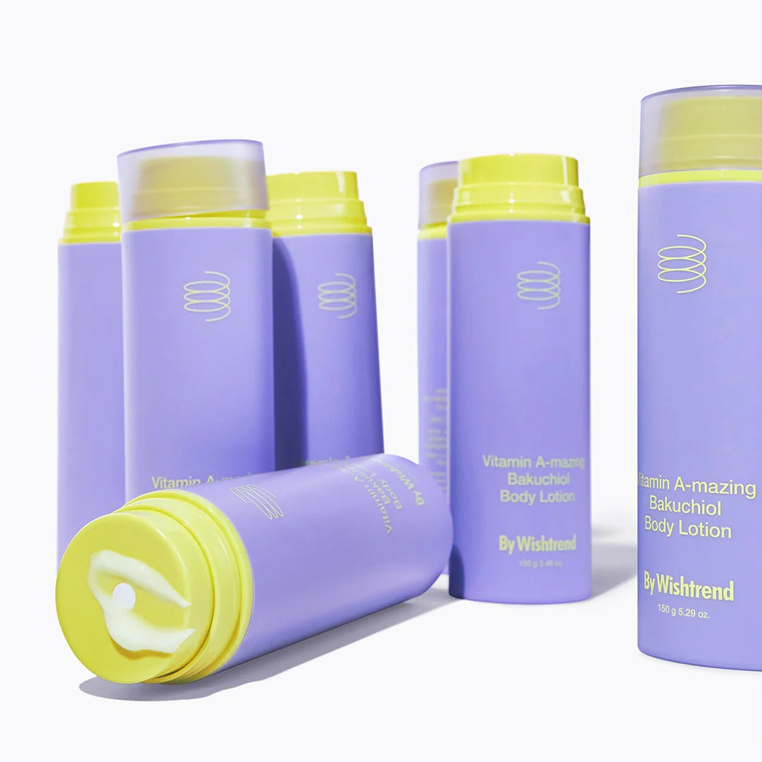 BY WISHTREND Vitamin A-mazing Bakuchiol Body Lotion 150g bottles displayed in a row