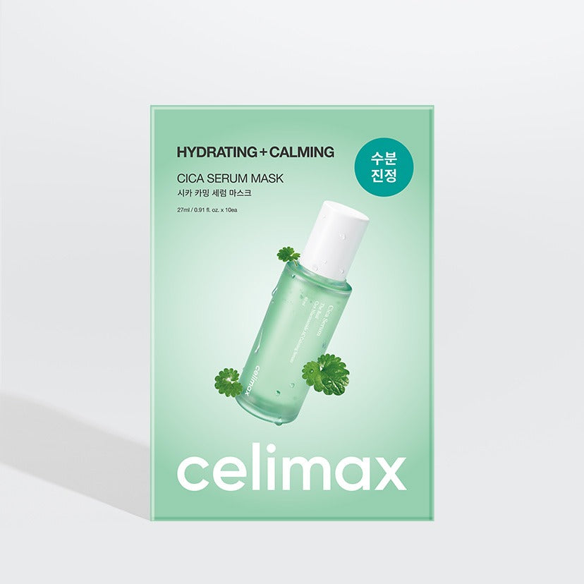 Packaging of CELIMAX Cica Serum Mask 10 Sheets with hydrating and calming properties shown on a green background.