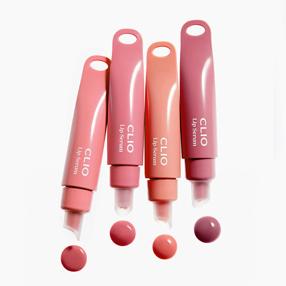 Four tubes of CLIO Glaze Lip Serum in various shades on a white background.