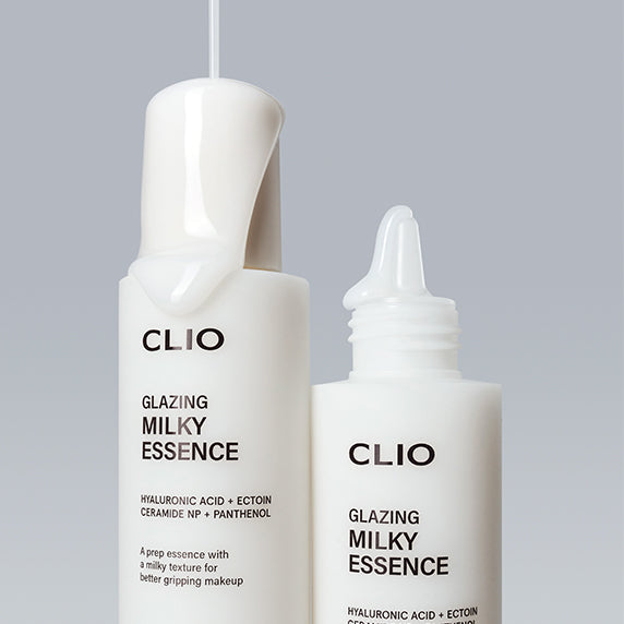 CLIO Glazing Milky Essence 120ml bottles showcasing product design with hyaluronic acid and ectoin.