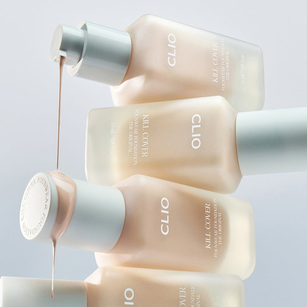Bottles of CLIO Killcover Founwear Foundation The Original 35ml with foundation pouring out of one bottle.