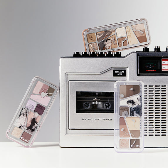 CLIO Pro Eye Palette Air (#01 to #15) showcasing various shades next to a vintage stereo for style and cosmetic appeal.