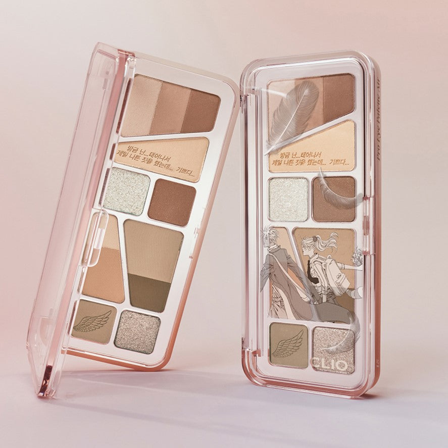 CLIO Pro Eye Palette Air (#01 to #15) makeup set showcasing elegant shades in compact packaging with artistic design.