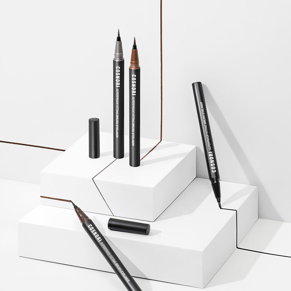 COSNORI Superproof Fiting Brush Eyeliner display on geometric white blocks.