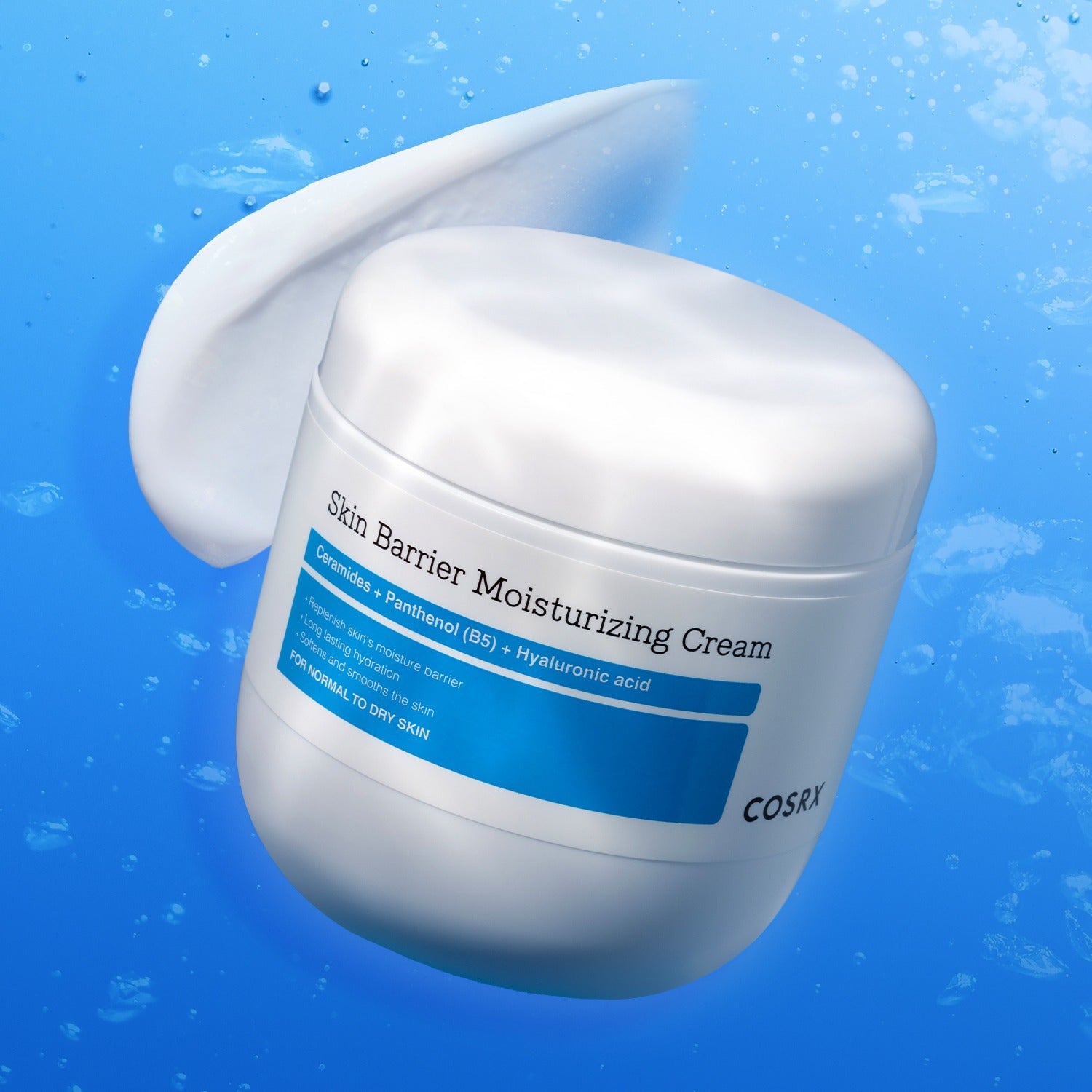COSRX Skin Barrier Moisturizing Cream 450ml in jar with blue background, ideal for dry and sensitive skin.