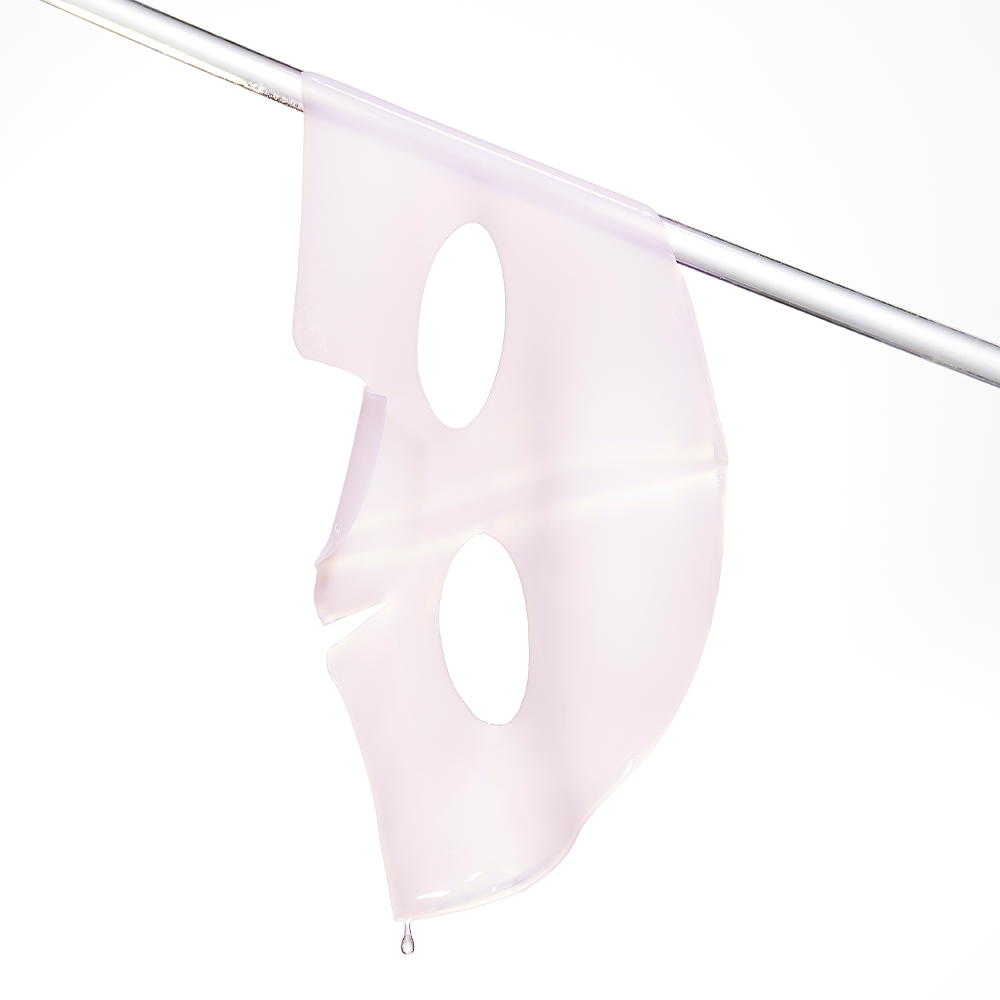 COSRX The Peptide Collagen Lifting Glow Hydrogel Mask (3 sheets) displayed with a delicate pink essence dripping