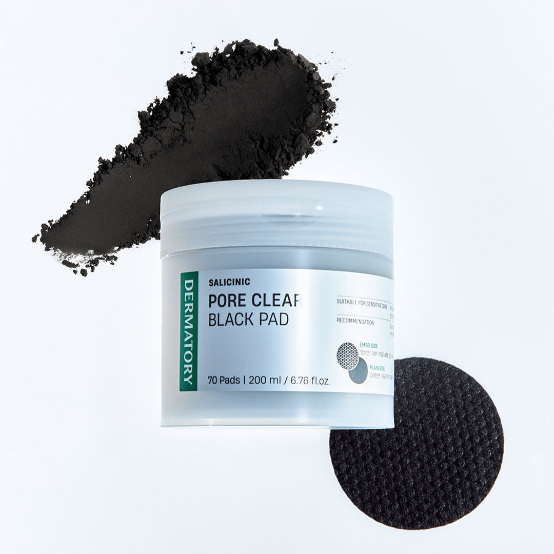 DERMATORY Salicinic Pore Clear Black Pad 70 Pads product image showing container with 70 pads next to black powder and single pad.