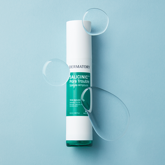 DERMATORY Salicinic Pore Trouble Spicule Ampoule 50ml product image with bubbles on a blue background