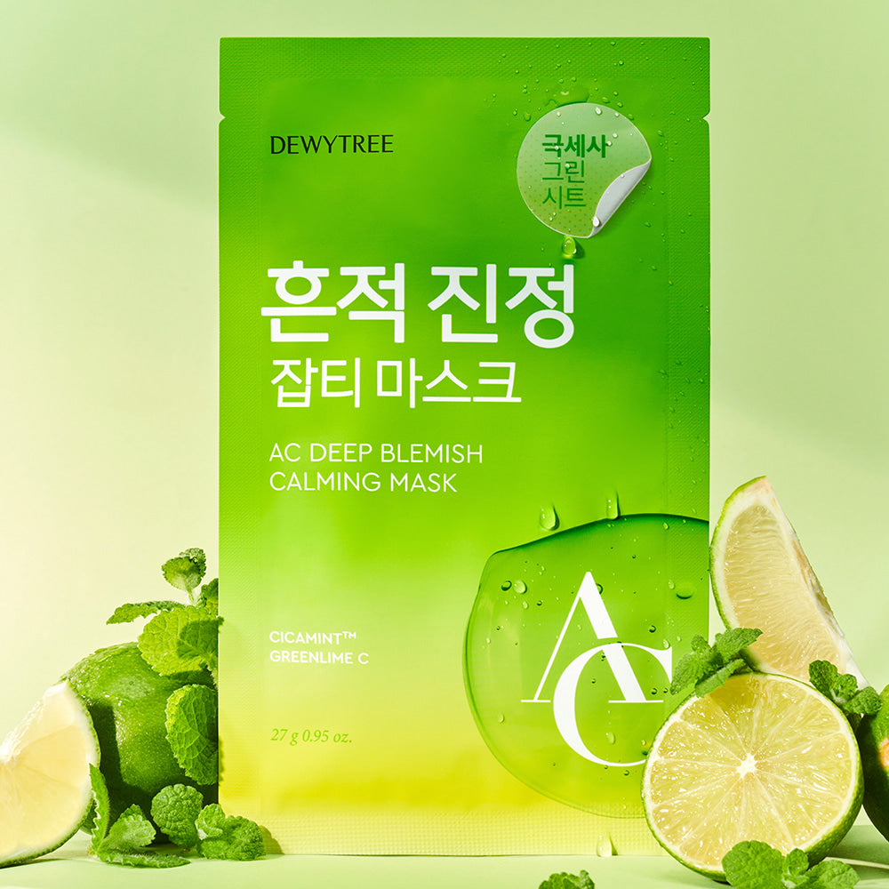 Package of DEWYTREE AC Deep Blemish Calming Mask 10 Sheets with lime and mint decoration.