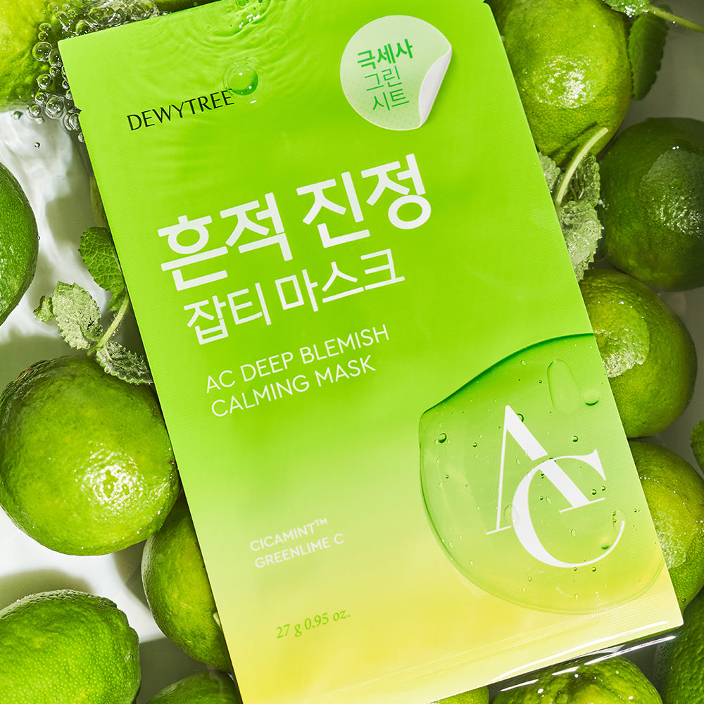 DEWYTREE AC Deep Blemish Calming Mask 10 Sheets package on a background of fresh green limes highlighting skincare benefits.