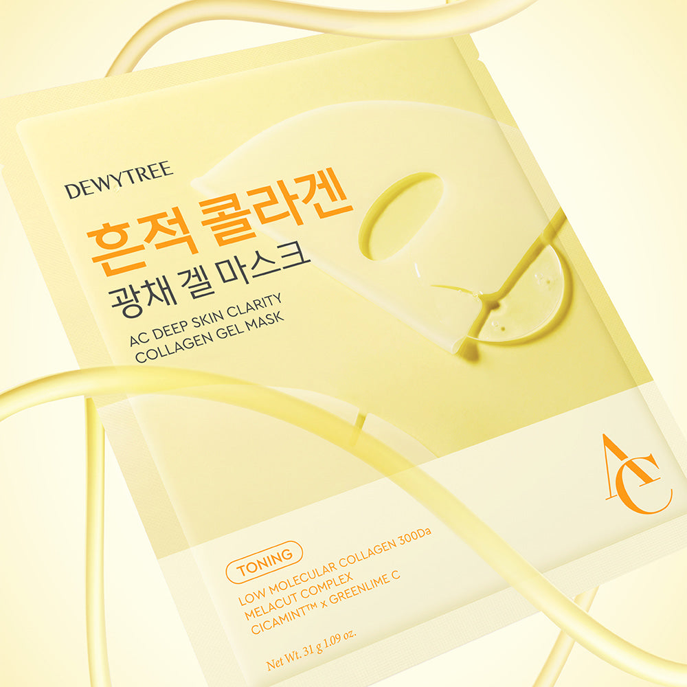 DEWYTREE AC Deep Skin Clarity Collagen Gel Mask 4 Sheets packaging with yellow design and text highlighting collagen benefits.