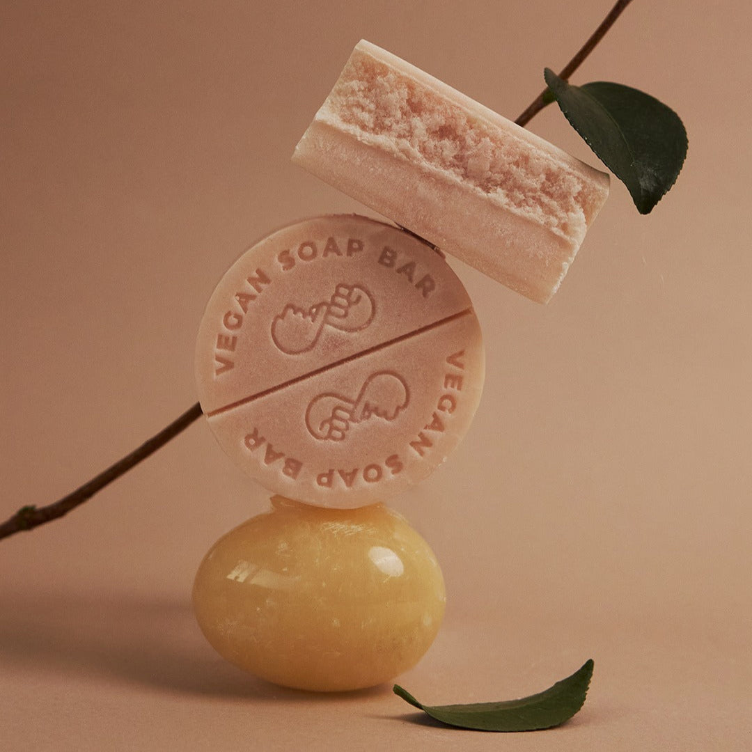 DONGGUBAT Vegan Shampoo Bar Dongbaek displayed on a beige background with green leaves.
