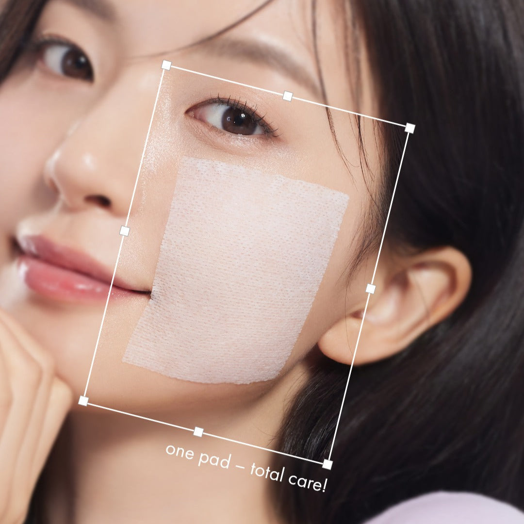 Close-up of a woman's face with DR.CEURACLE PLC Calming Solution Pad 130 pads, highlighting skincare benefits.