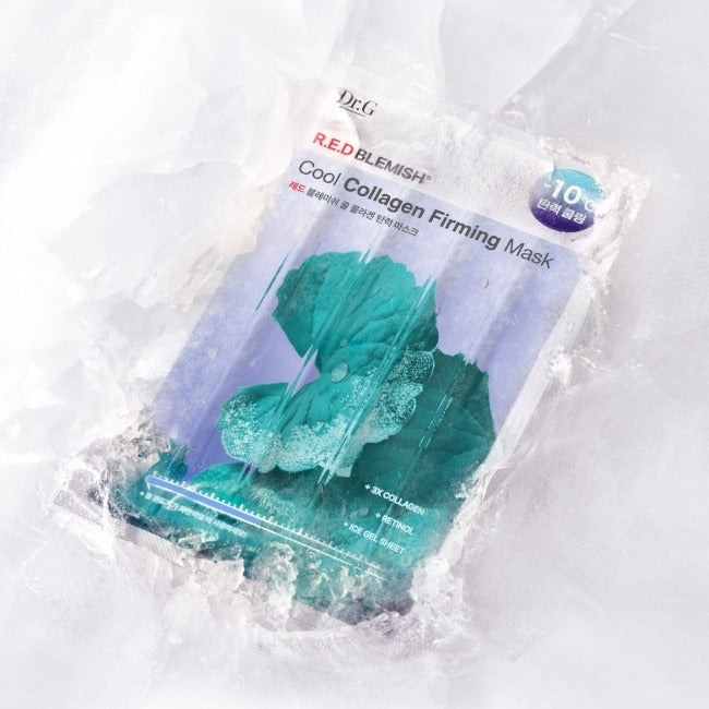 DR.G Red Blemish Cool Collagen Elasticity Mask 10 Sheets encased in ice for cooling effect and enhanced collagen firming.