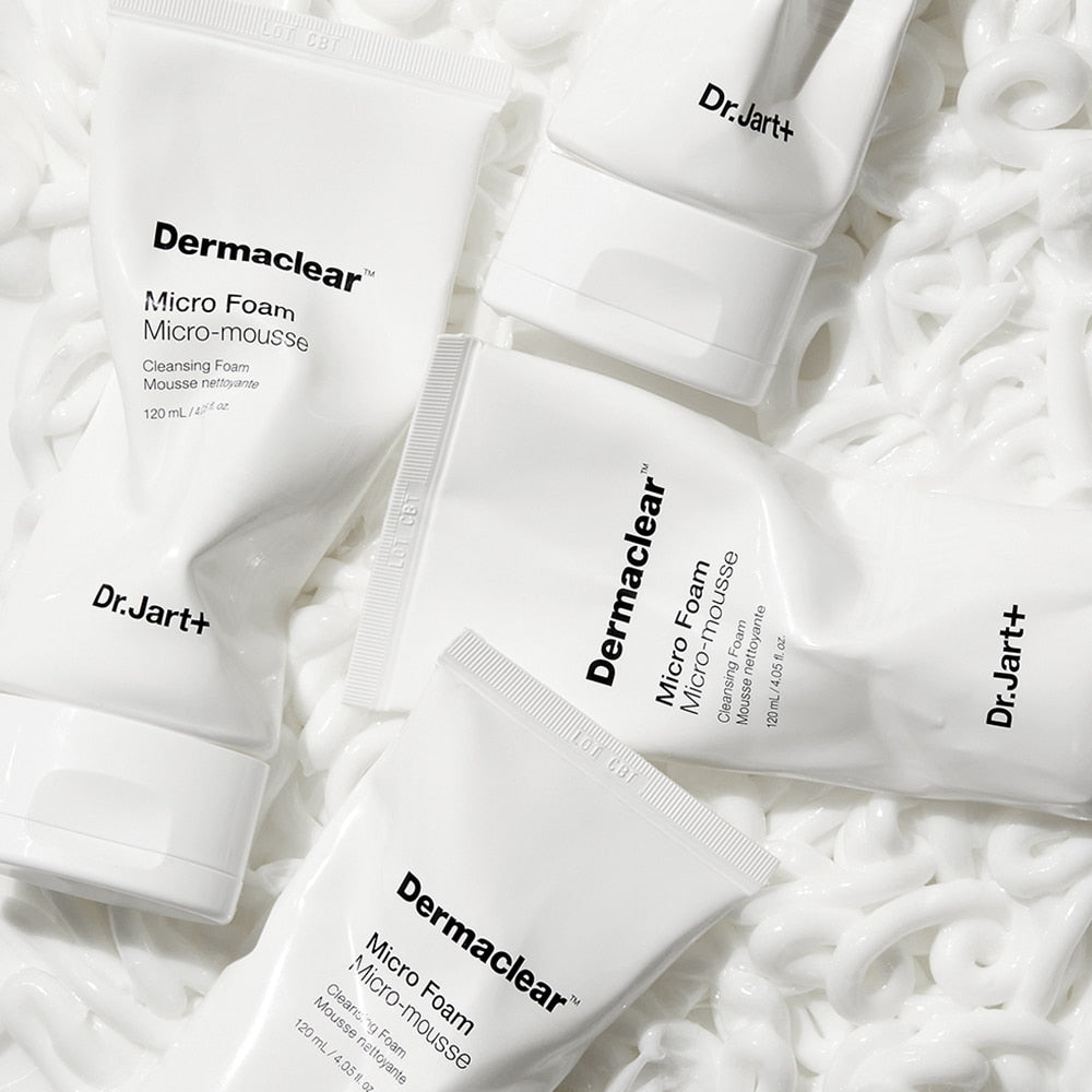DR.JART+ DermaClear Micro Foam 120ml tubes displayed on a textured white background