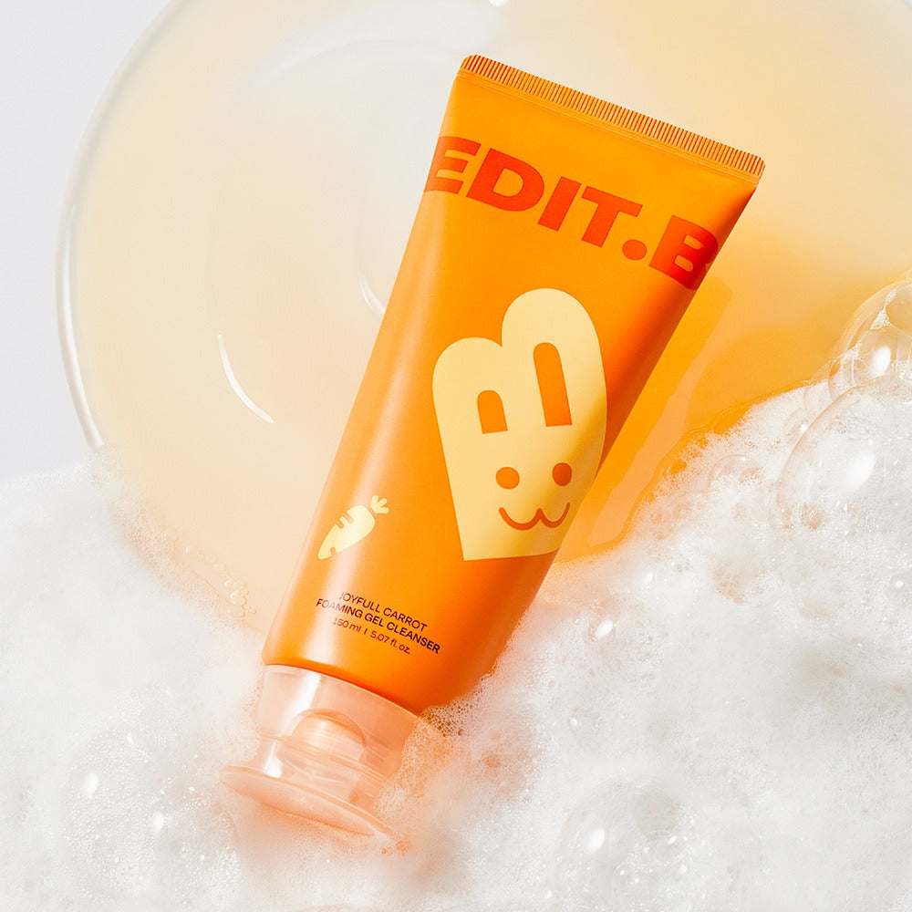 EDIT.B Joyful Carrot Foaming Gel Cleanser 150ml in vibrant orange packaging with foam bubbles