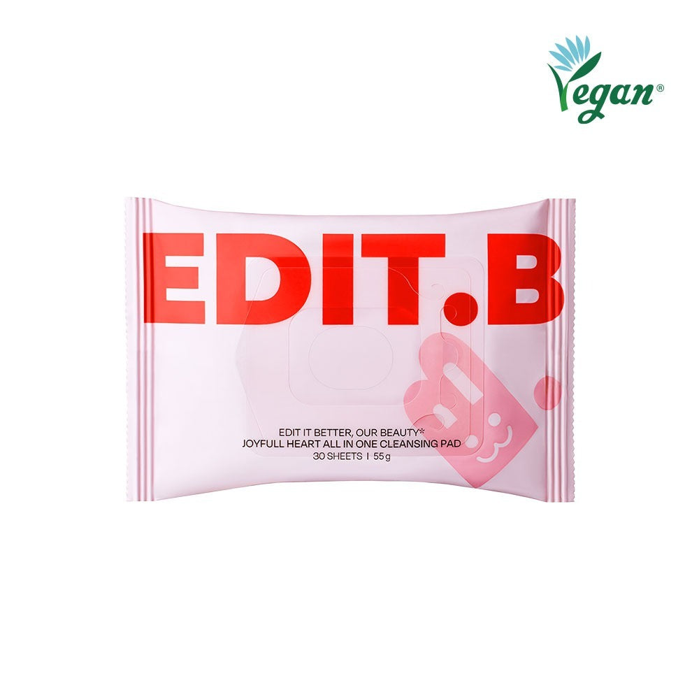 EDIT.B Joyful Heart All-in-One Cleansin Pad 30 Sheets with vegan logo on packaging.