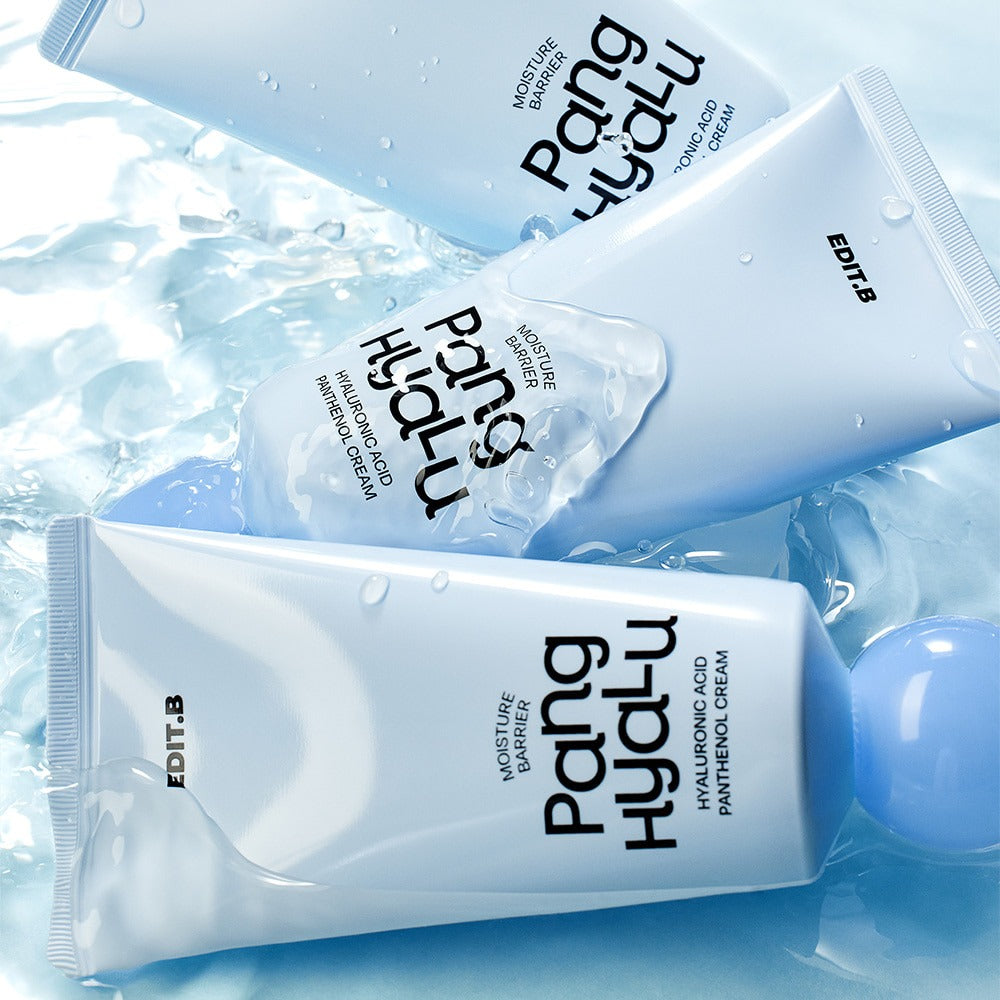 EDIT.B Moisture Barrier Pang Hyaluronic Acid Pathenol Cream 100ml tubes on watery surface
