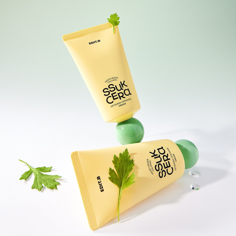 EDIT.B Moisturizing Soothing Mugwort Ceramide Cream 100ml tube with greenery displayed against a pastel background.