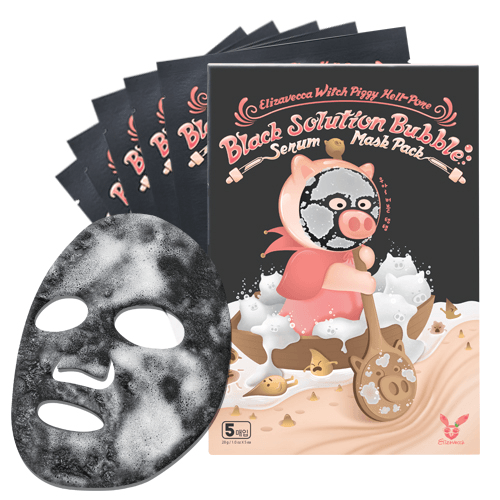 ELIZAVECCA Hell-Pore Black Solution Bubble Serum Mask Pack 1 Box 5 Sheets with mask and packaging shown