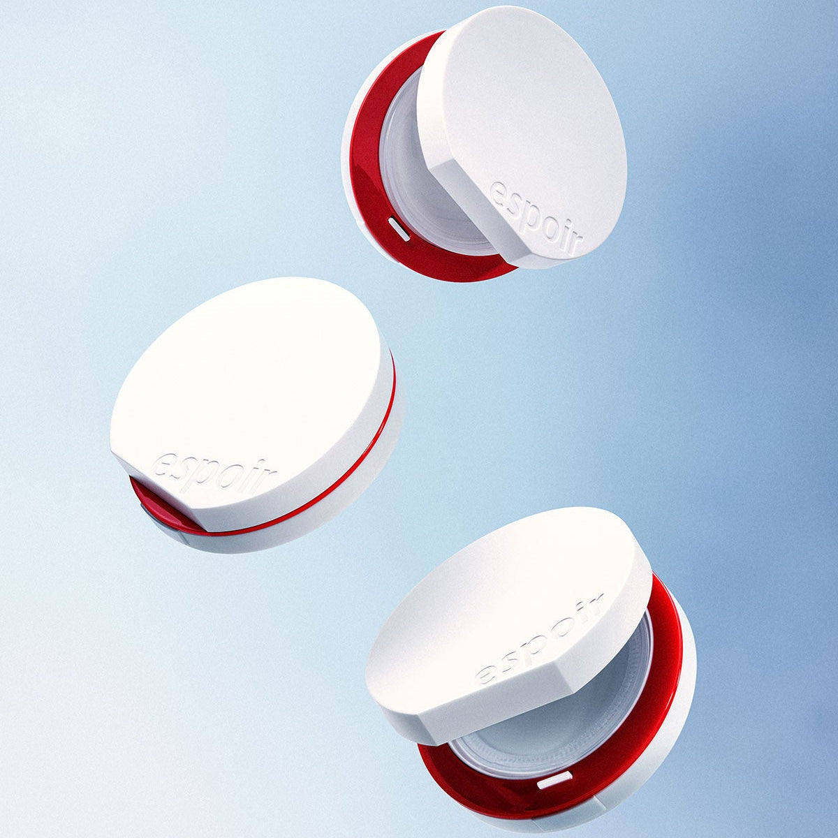 ESPOIR Bevelvet Sebumcut Cooling Cushion with white and red compact design on a blue background