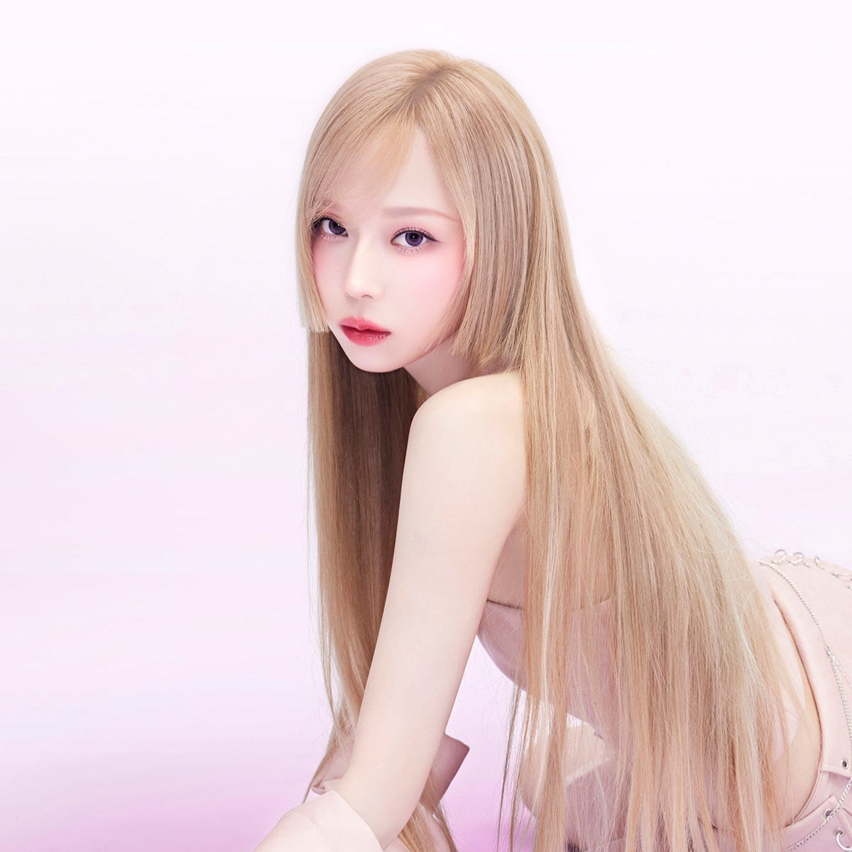 Model showcasing ESPOIR Couture Lip Tint Glaze with long straight hair and pink backdrop