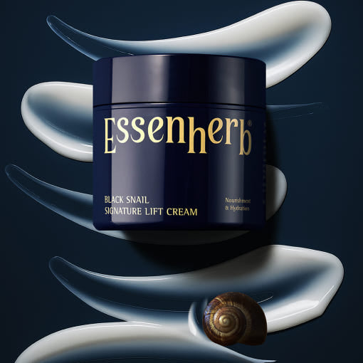 ESSENHERB Black Snail Signature Lift Cream 50ml displayed with cream swirls and snail shell