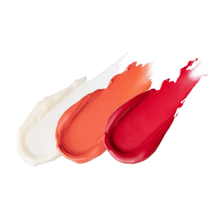 Three swatches of ESSENHERB Jojoba Essentail Lip Balm 4g in white, orange, and red shades.