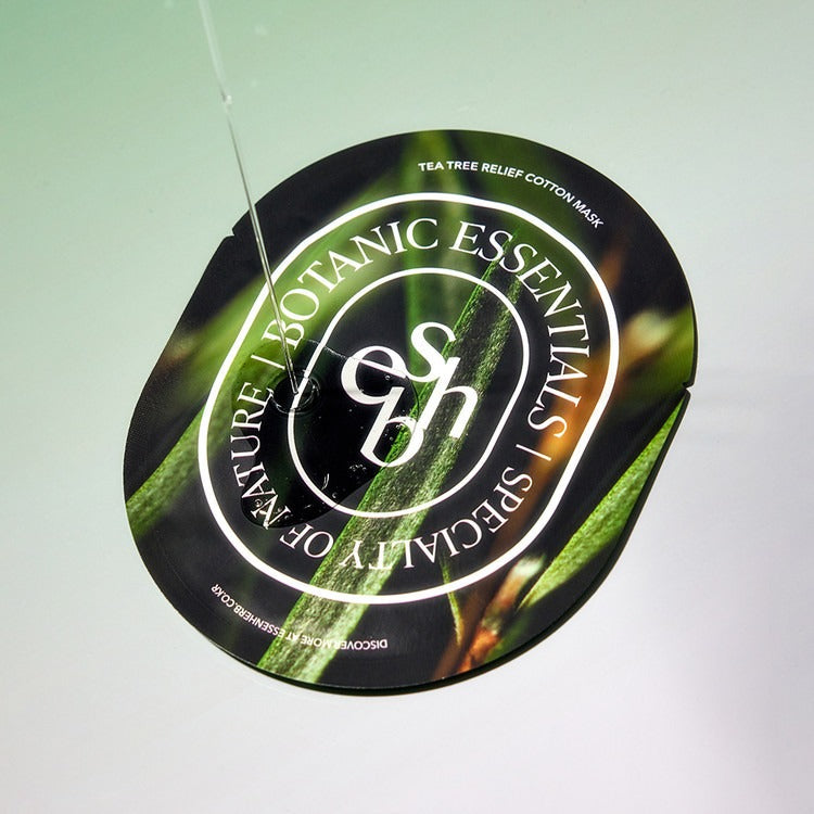 ESSENHERB Tea Tree Relief Cotton Mask 5EA packaging displaying Botanic Essentials label.