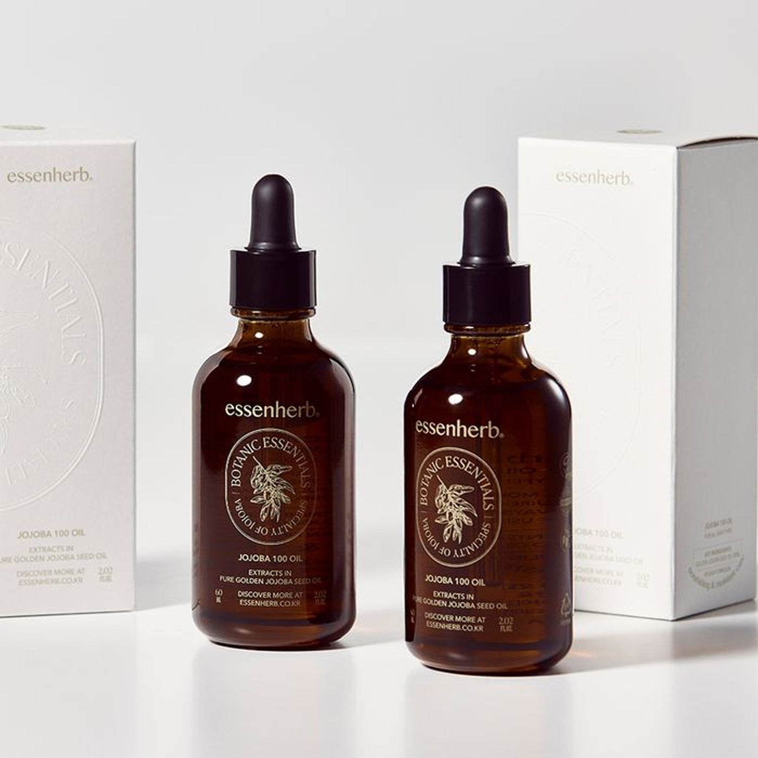 ESSENHERB Vegan Jojoba 100% Oil Unrefined Cold-Pressed 60ml bottles with packaging