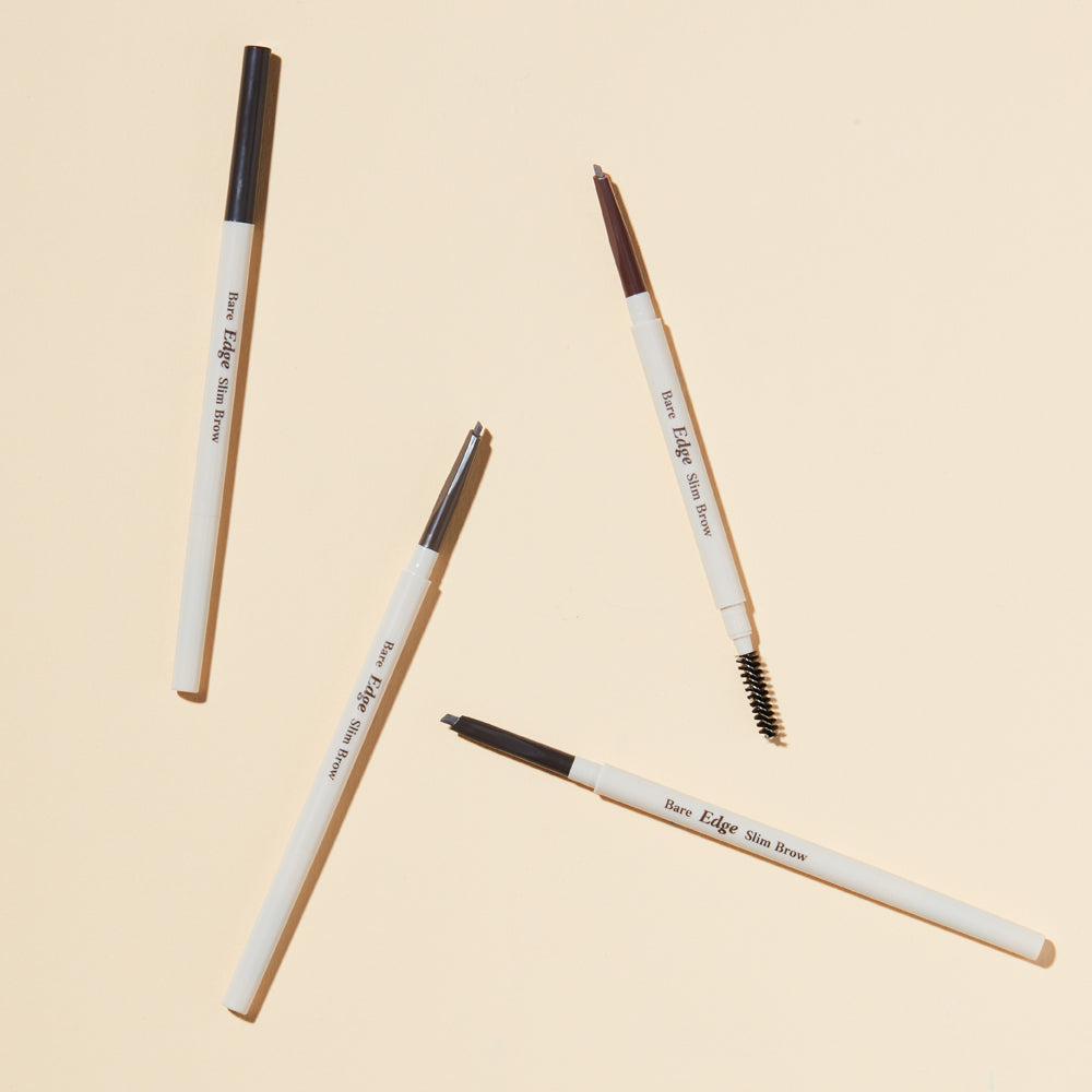 ETUDE Bare Edge Slim Brow Pencil with dual ends, showcasing hexagon tip for precise brow drawing and brush for natural finishing touch.