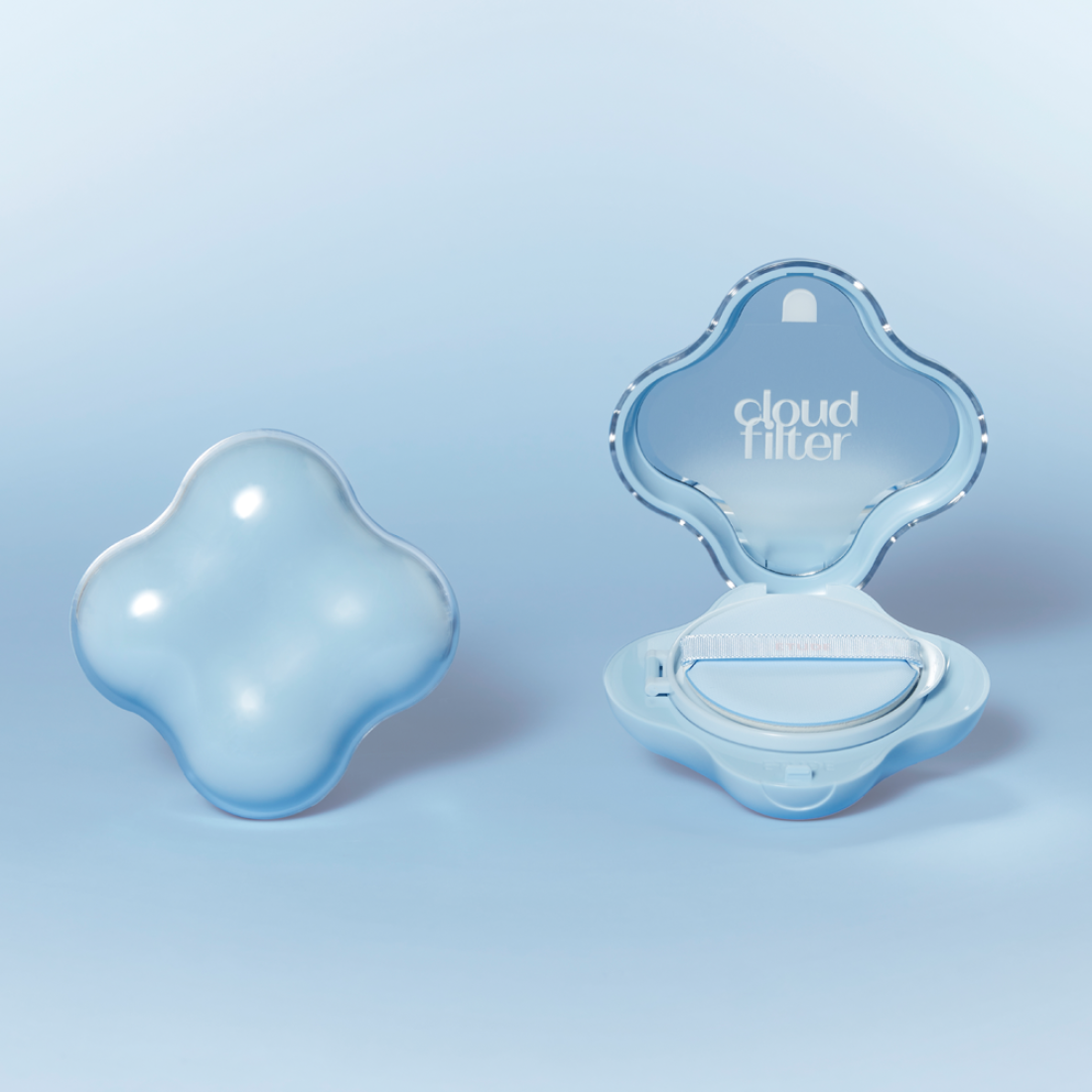 ETUDE Cloud Filter Cushion SPF42/PA+++ 15g in open and closed compact design against blue background.