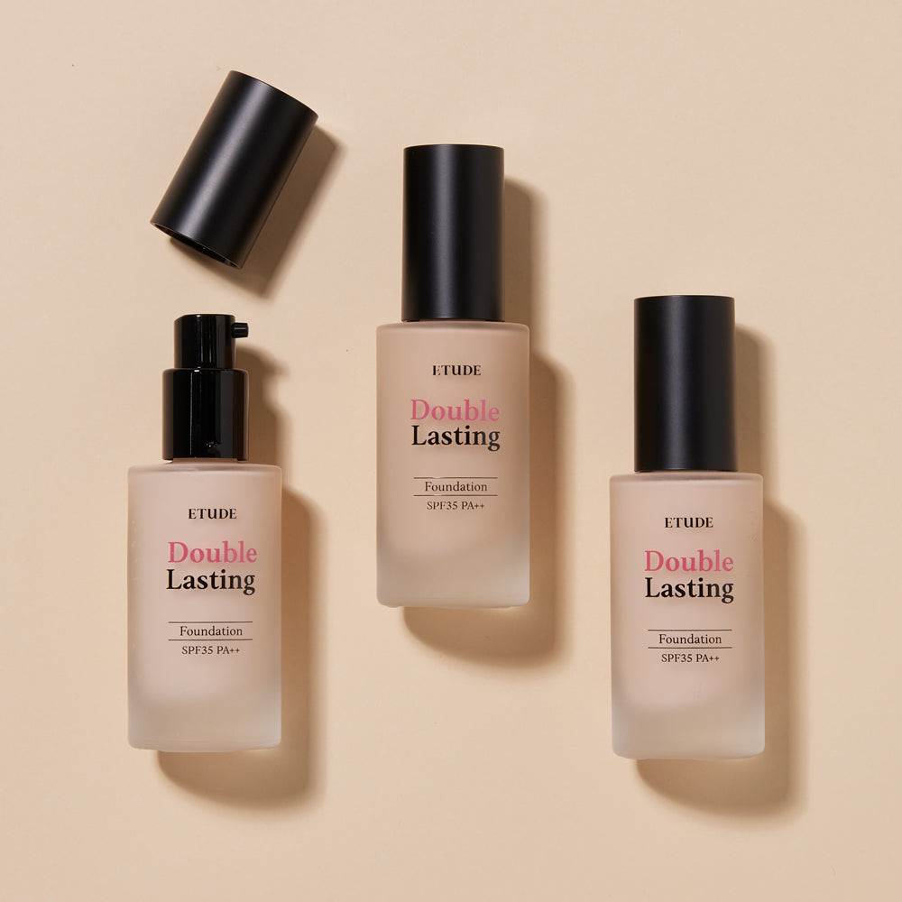 ETUDE Double Lasting Foundation 30g bottles showing high coverage makeup with SPF35 protection and smooth finish, available in various shades.