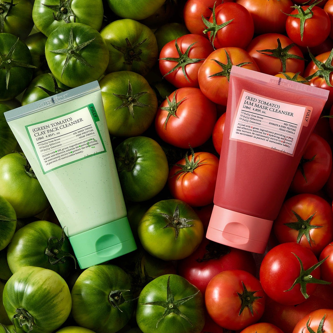FULLY Fully Pack Cleanser 3-piece set, featuring Green Tomato Clay Pack and Red Tomato Jam Mask cleansers with fresh tomatoes.