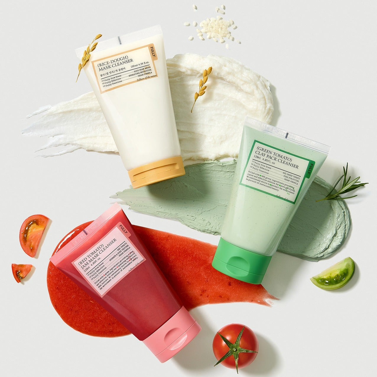 FULLY Fully Pack Cleanser 3-piece set featuring three colorful tubes with natural ingredients on a textured background.