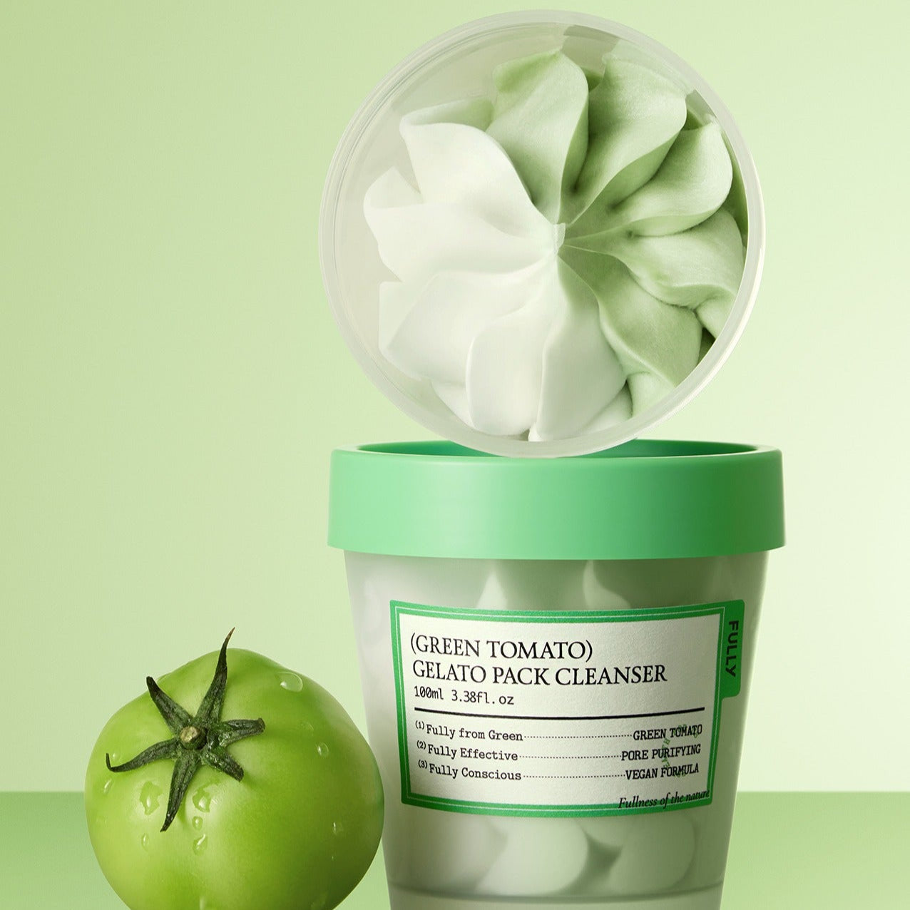 FULLY Green Tomato Gelato Pack Cleanser 100ml beside green tomato with open packaging