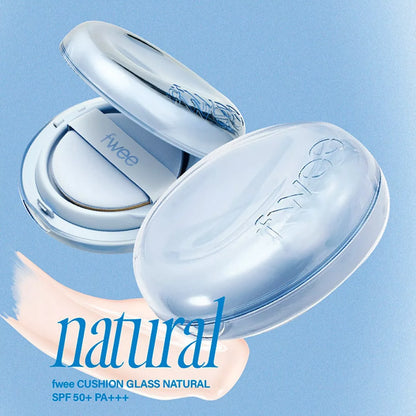 FWEE Cushion Glass Natural SPF 50+ PA+++ in blue compact for glowing skin.