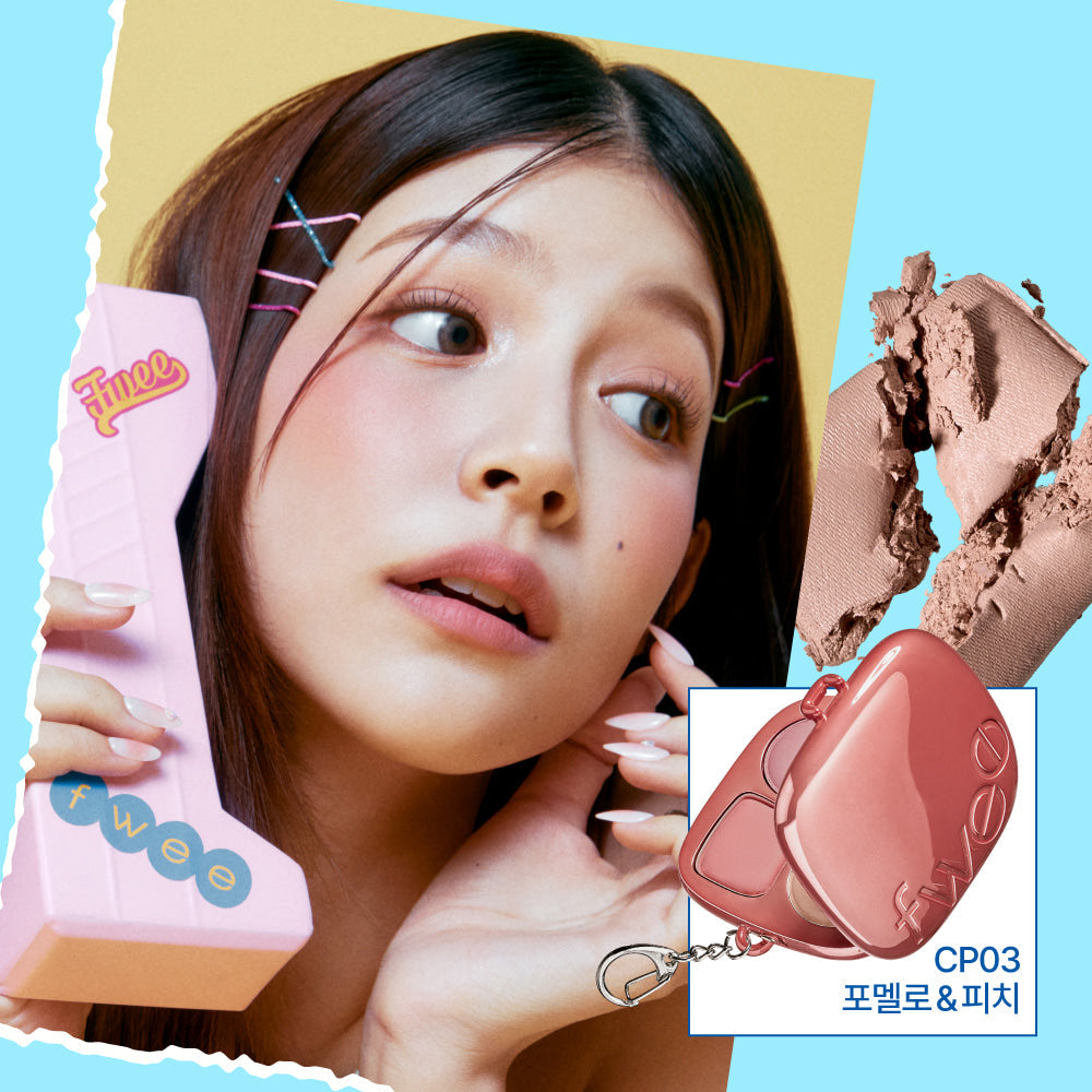 Person holding FWEE Pew Pocket Cheek Palette in pink with makeup swatches, highlighting its compact design and vibrant color options.