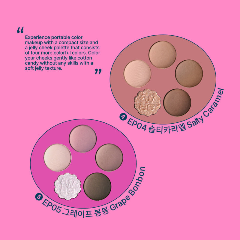 FWEE Pew Pocket Eye Palette featuring EP04 Salty Caramel and EP05 Grape Bonbon shades on pink background.