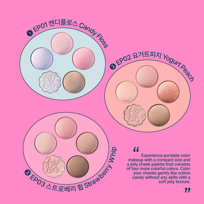 FWEE Pew Pocket Eye Palette featuring Candy Floss, Yogurt Peach, and Strawberry Whip shades with compact color selection.