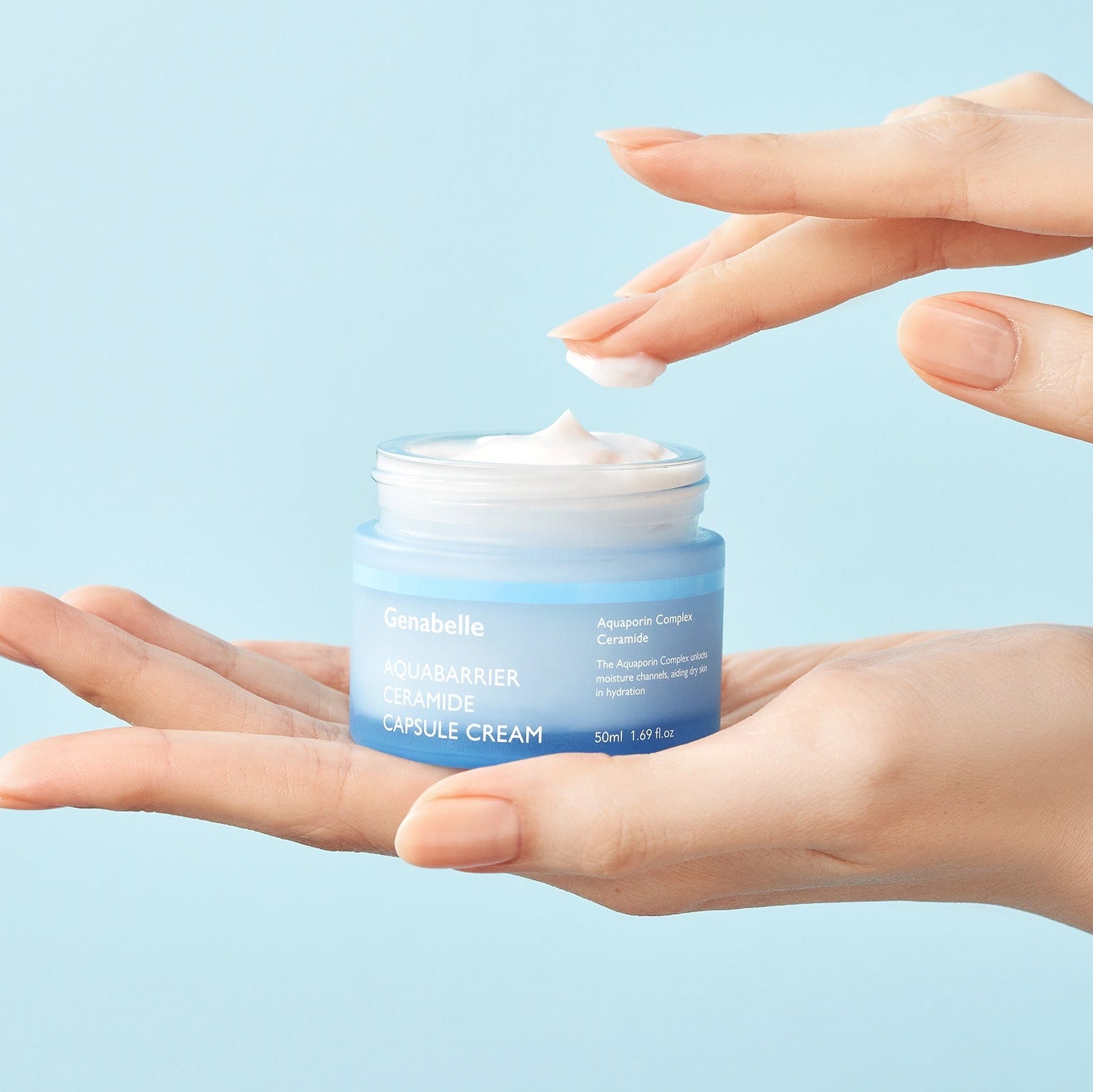 GENABELLE Auqabarrier Ceramide Capsule Cream 50ml jar with hand applying cream
