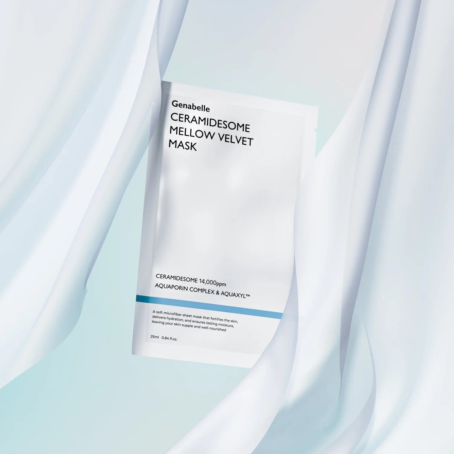 GENABELLE Ceramidsome Mellow Velvet Mask 5ea displayed elegantly in soft fabric background.