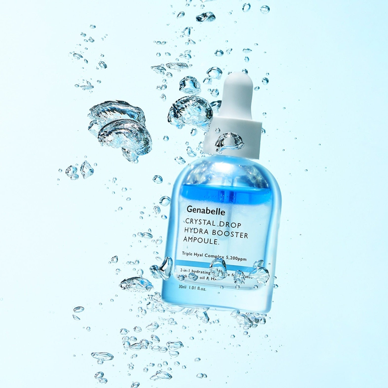 GENABELLE Crystal Drop Hydra Booster Ampoule 30ml with hydrating blue liquid and bubbles on a light blue background.