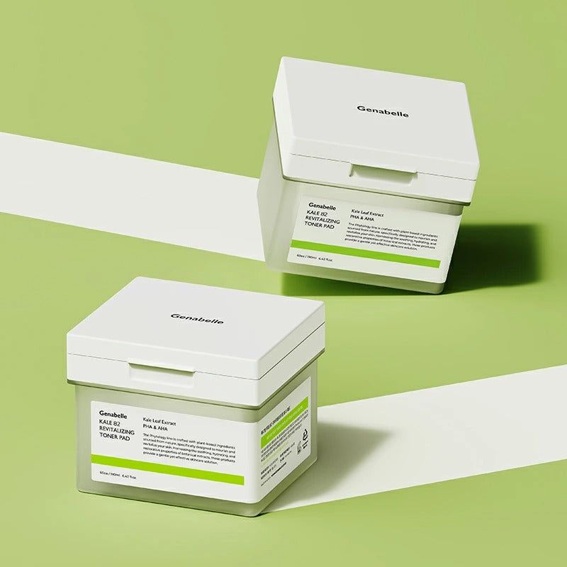 GENABELLE Kale 82 Revitalizing Toner Pad 60ea product packaging on a green background.