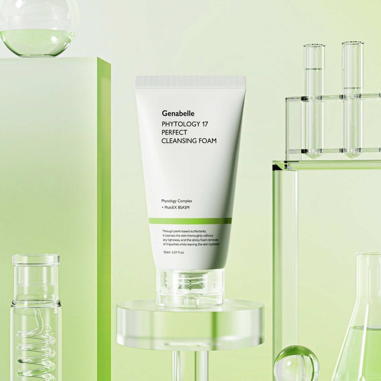GENABELLE Phytology 17 Perfect Cleansing Foam 150ml displayed with laboratory glassware on a green theme background.
