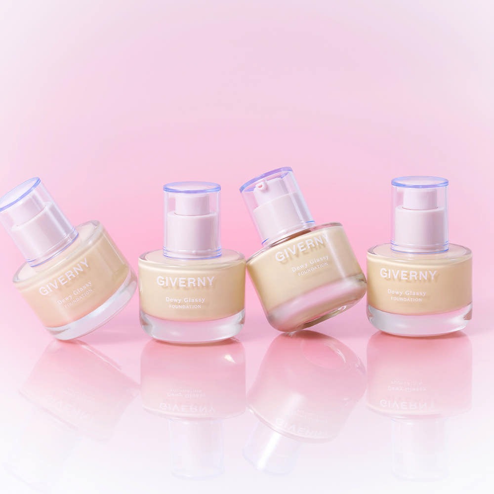 GIVERNY Dewy Glassy Foundation 30ml (SPF38, PA++) bottles against a pink background, showcasing luxurious skincare makeup.