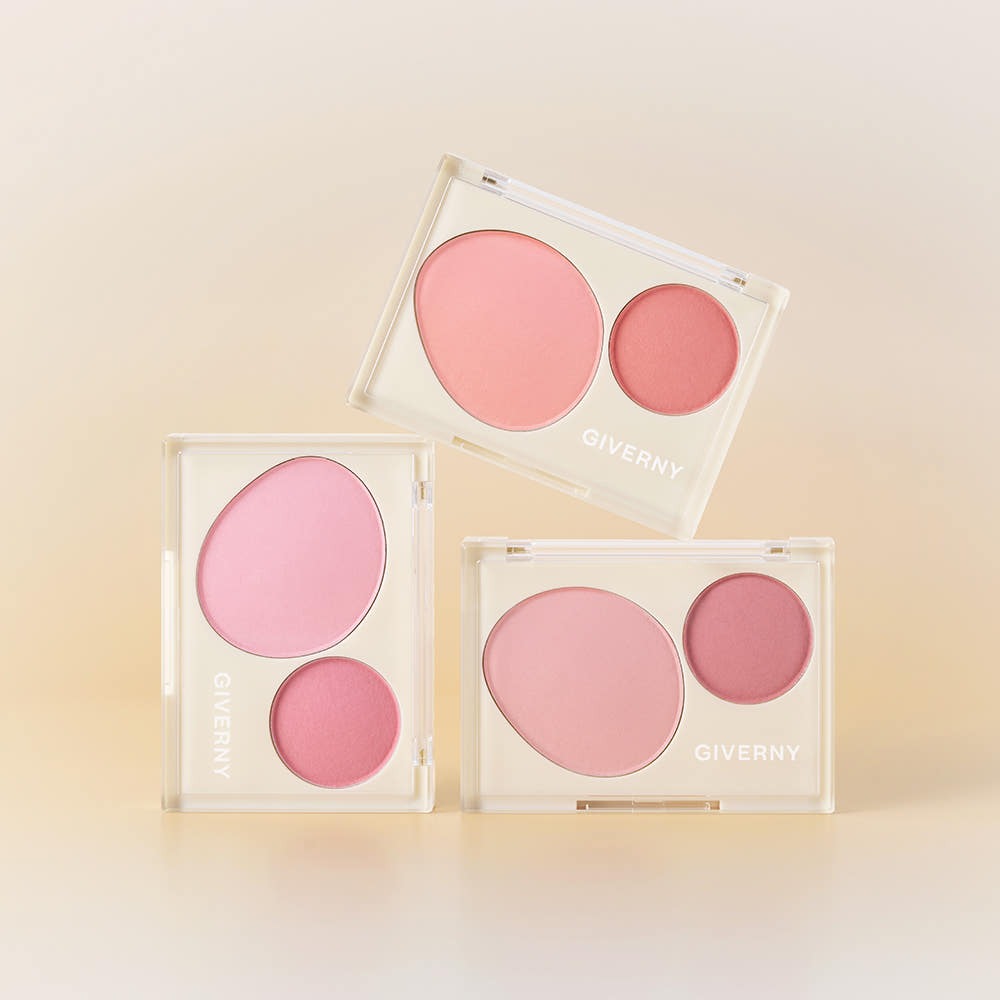 Three GIVERNY Fluffy Dual Blusher 7.4g compacts displaying different shades of pink blush.