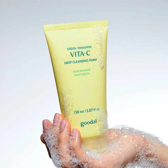 GOODAL Green Tangerine Vita C Deep Cleansing Foam 150ml being held with lathered hands